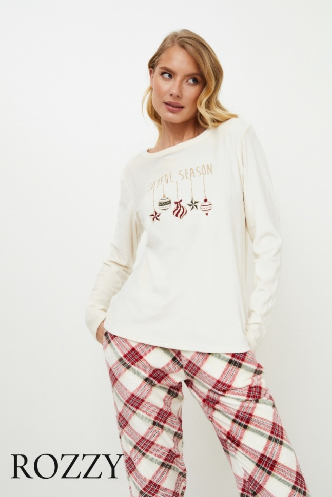 Пижама флисовая Aruelle Jolly молочный/красный