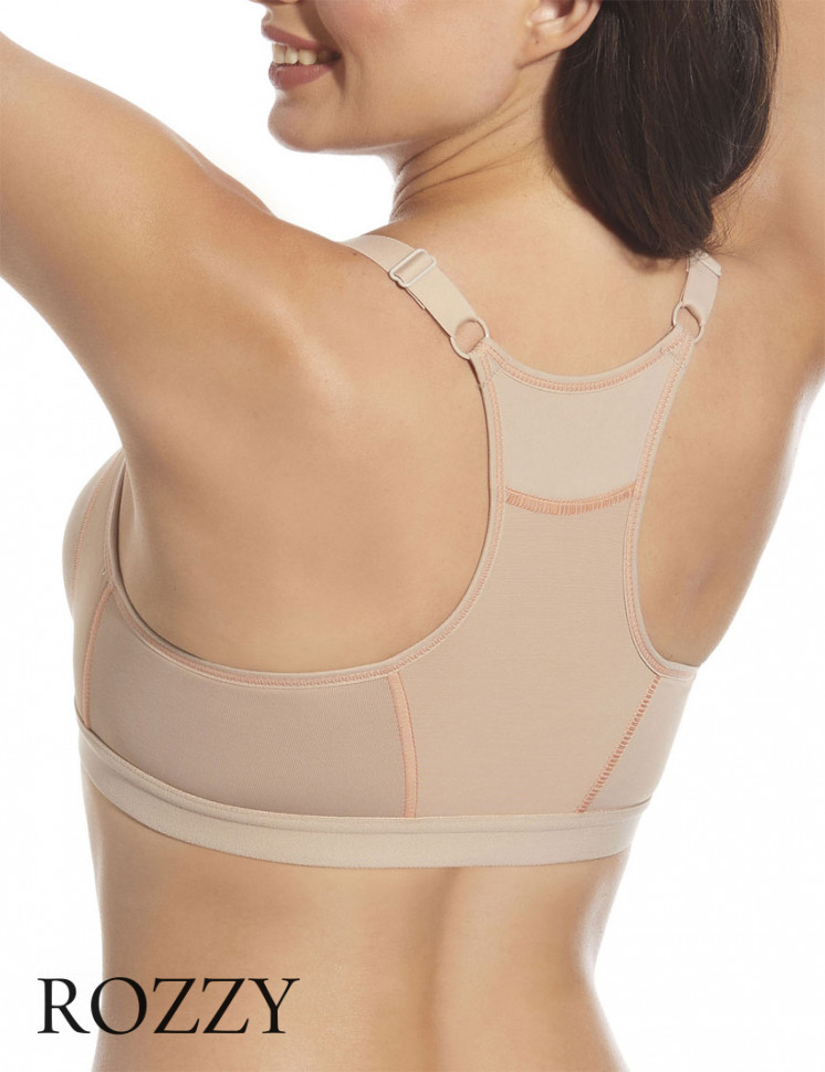 Бюстгальтер спортивный без косточек спереди застежка Selene Nora серо-бежевый